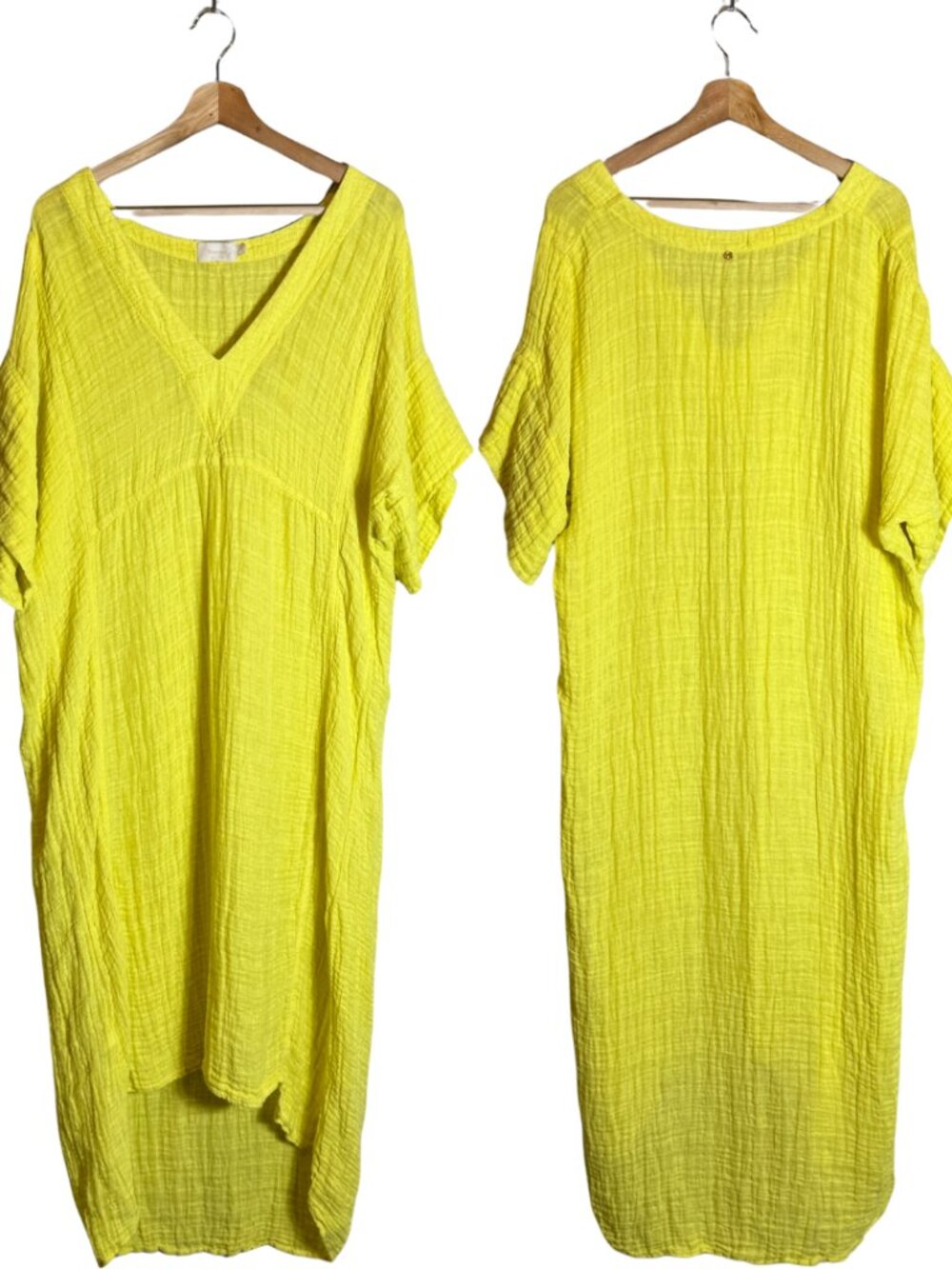 Touche 100% Linen V-Neck Kaftan Midi Dress Women's Small Yellow Beach Cover Up